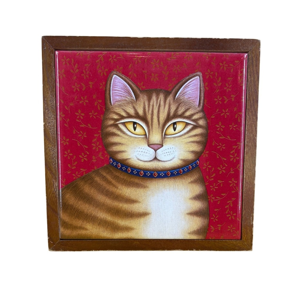 Vintage Whimsy Orange Cat Decor Japan Ceramic Folk Art Tile Framed 7"